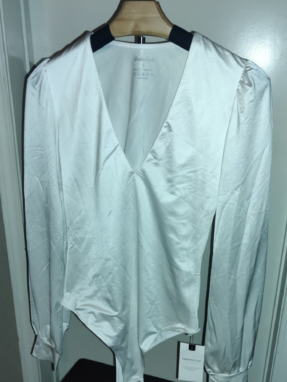 White V-Neck Satin Bodysuit